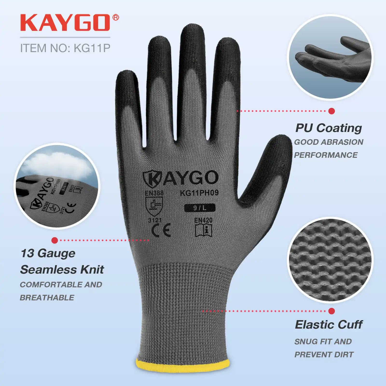 KG11 Seamless Knit Polyester Work Gloves with Polyurethane Coated on Palm and Fingers