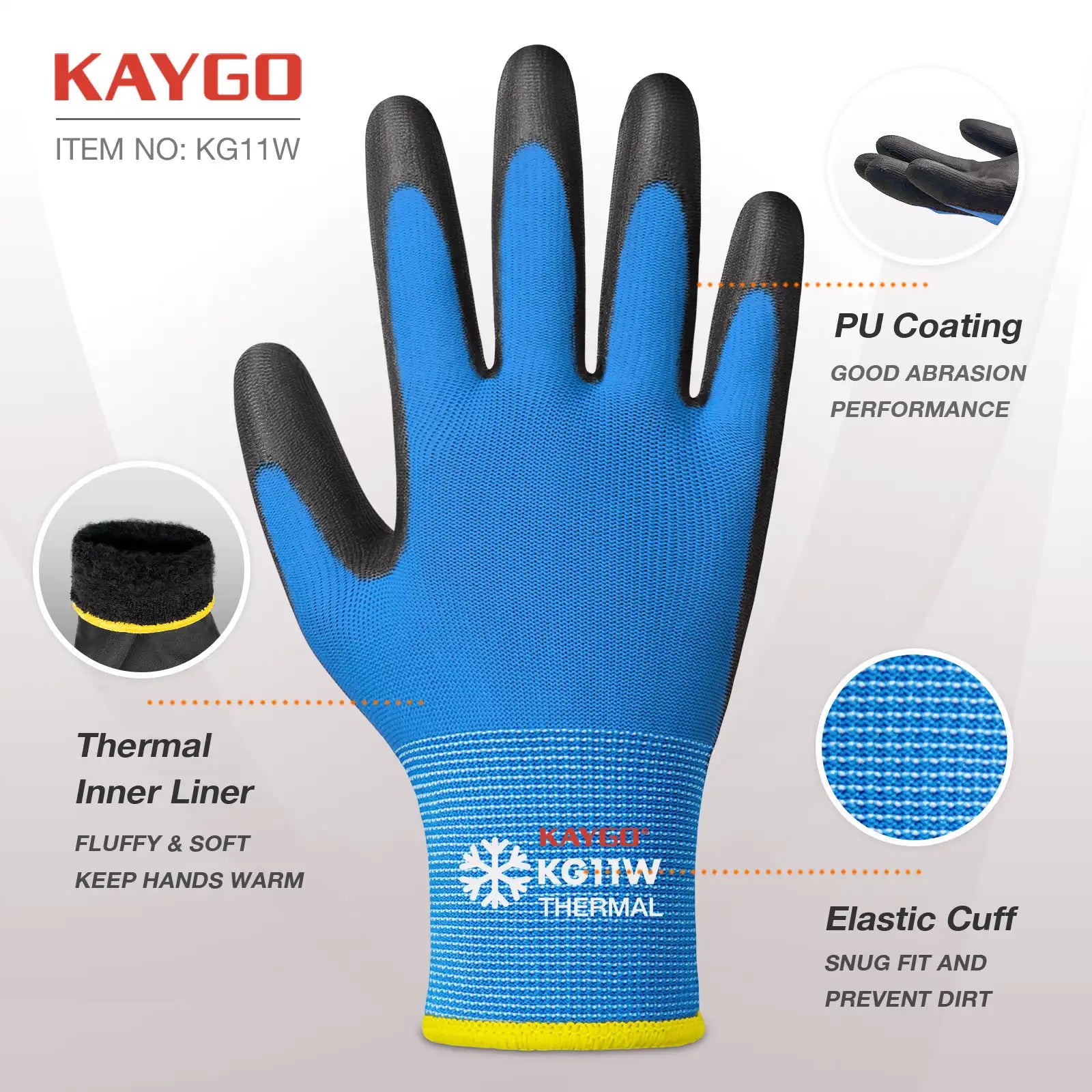 KAYGO KG11W Thermal Work Gloves – PU Coated Palm & Fingers for Cold Protection