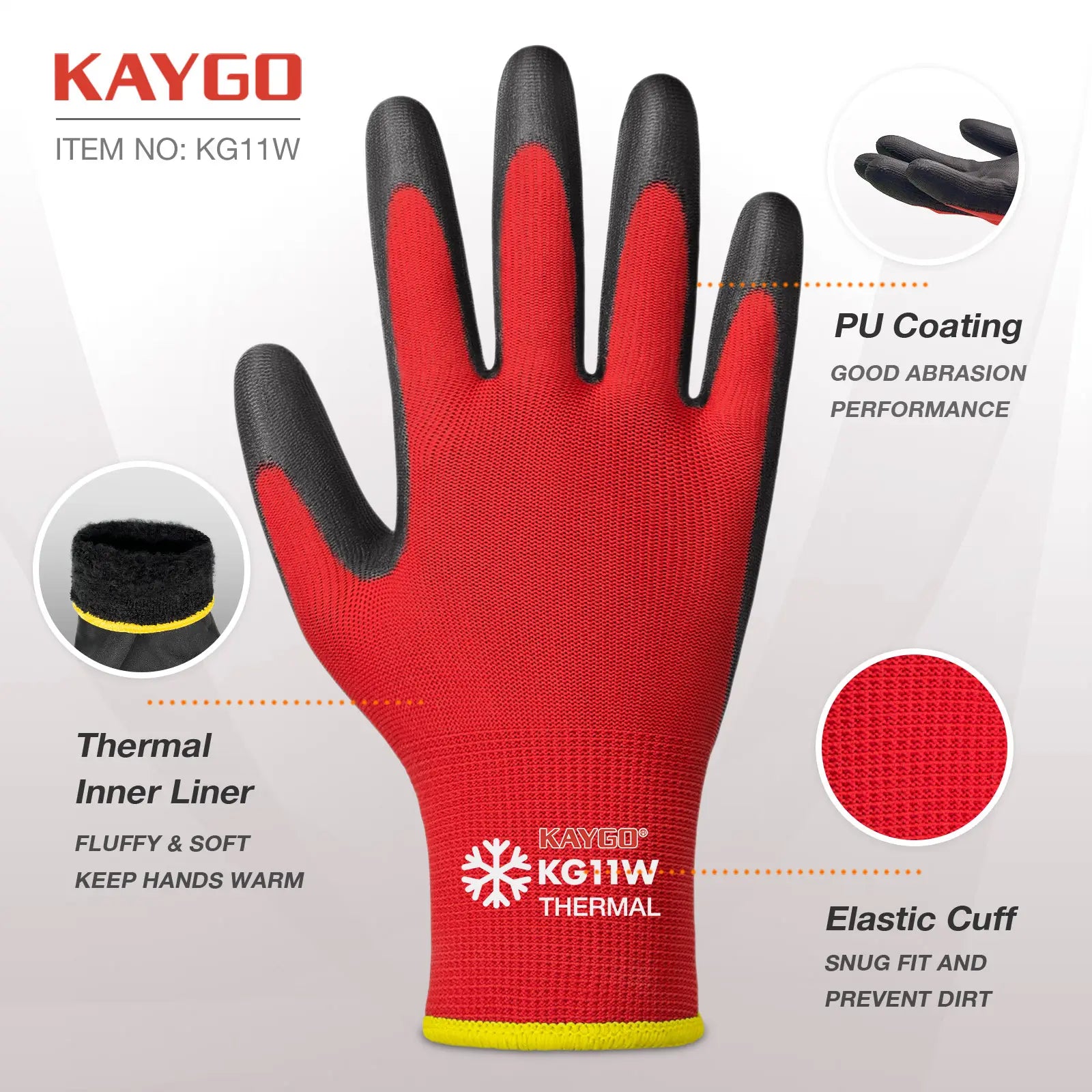 KAYGO KG11W Thermal Work Gloves – PU Coated Palm & Fingers for Cold Protection