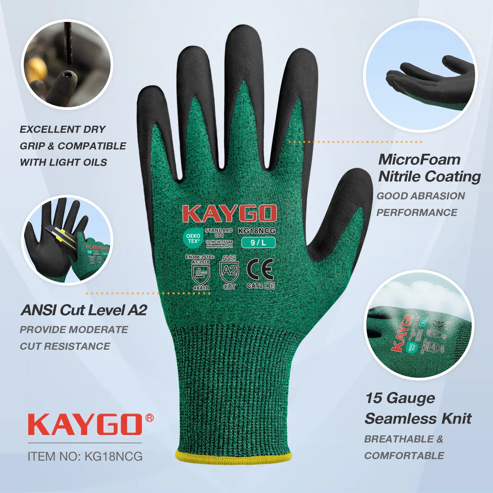 KG18N Seamless Knit Nylon Work Gloves with Microfoam Nitrile Coated on Palm and Fingers