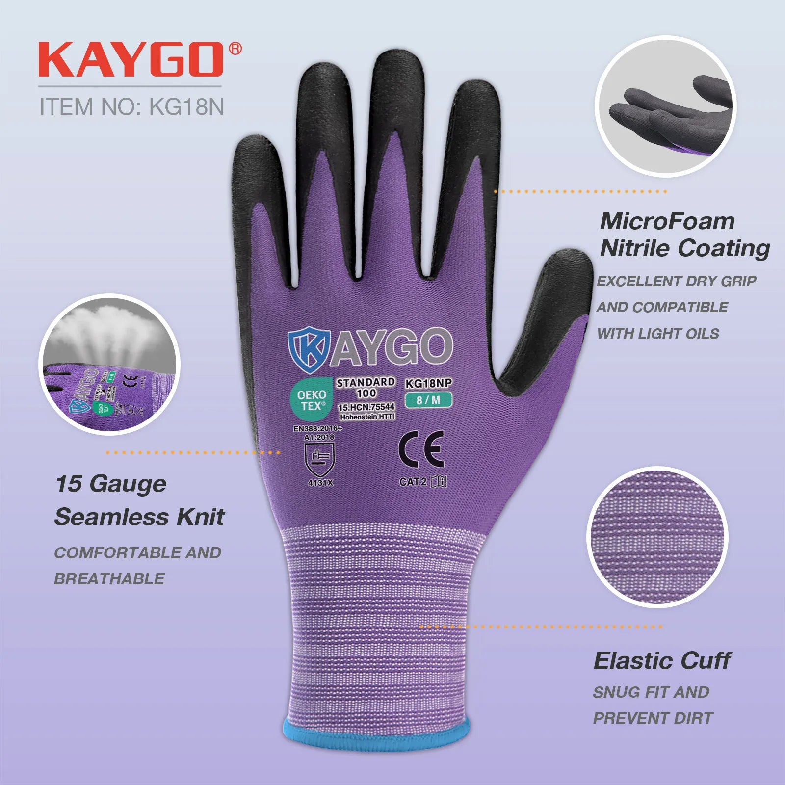 KG18N Seamless Knit Nylon Work Gloves with Microfoam Nitrile Coated on Palm and Fingers