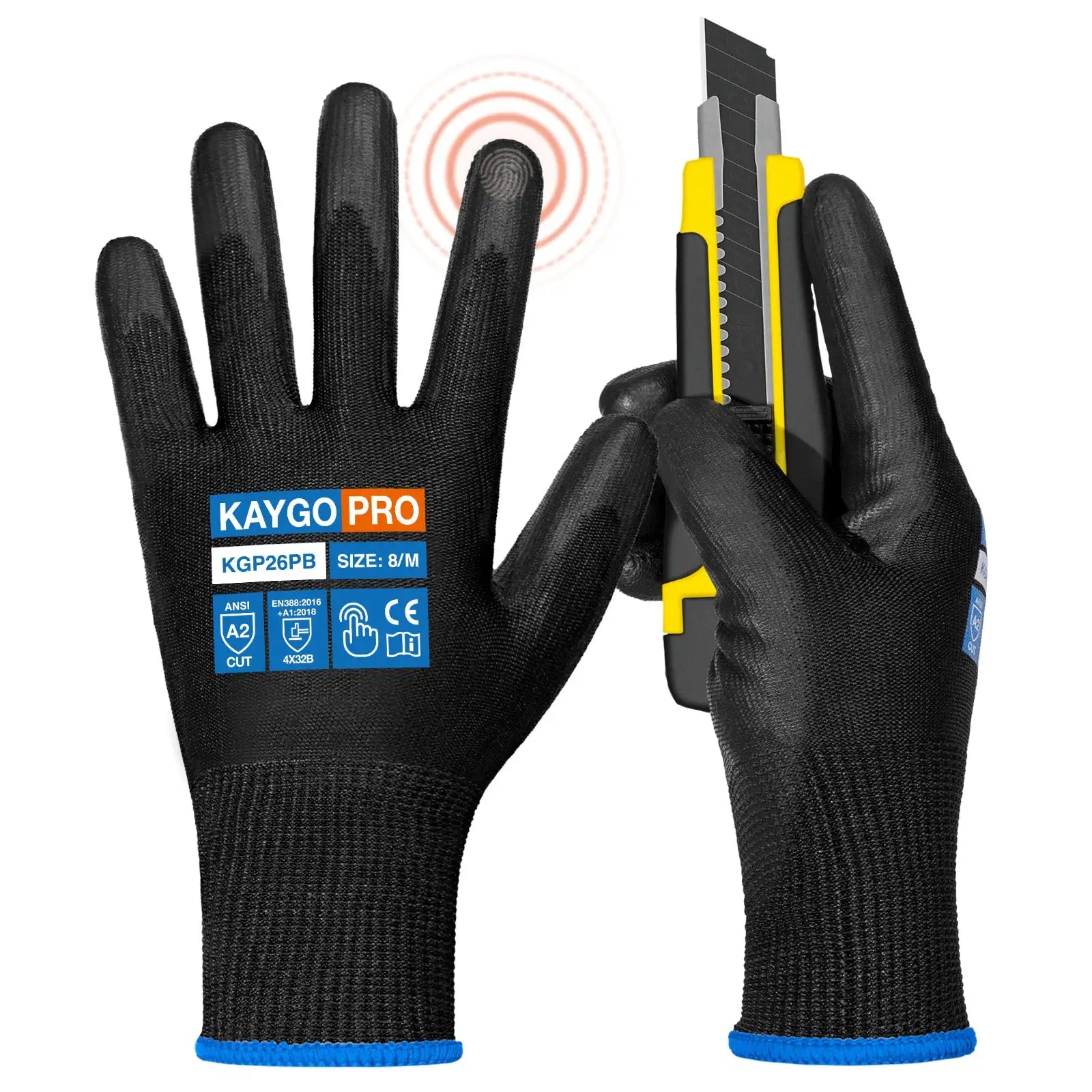 A2 Cut Resistant Gloves with PU Coated Smooth Grip on Palm & Fingers - Touchscreen Compatible