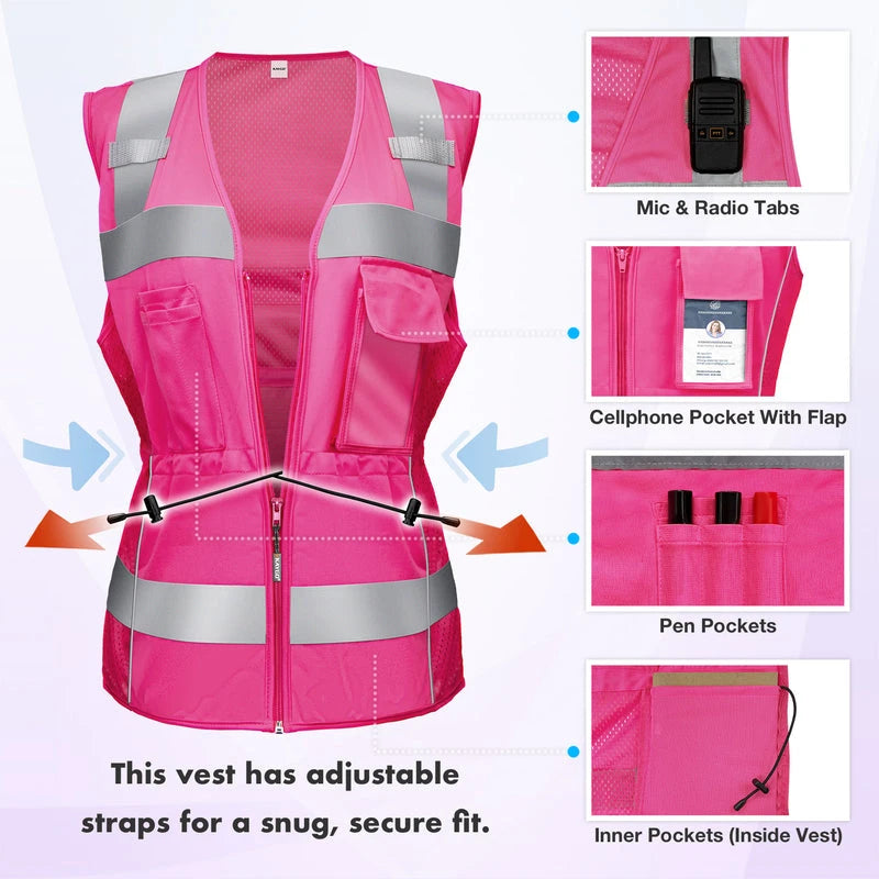 High Visibility Women Safety Vest, 8 Pockets Reflective vest with adjustable waist line,Slim Fit