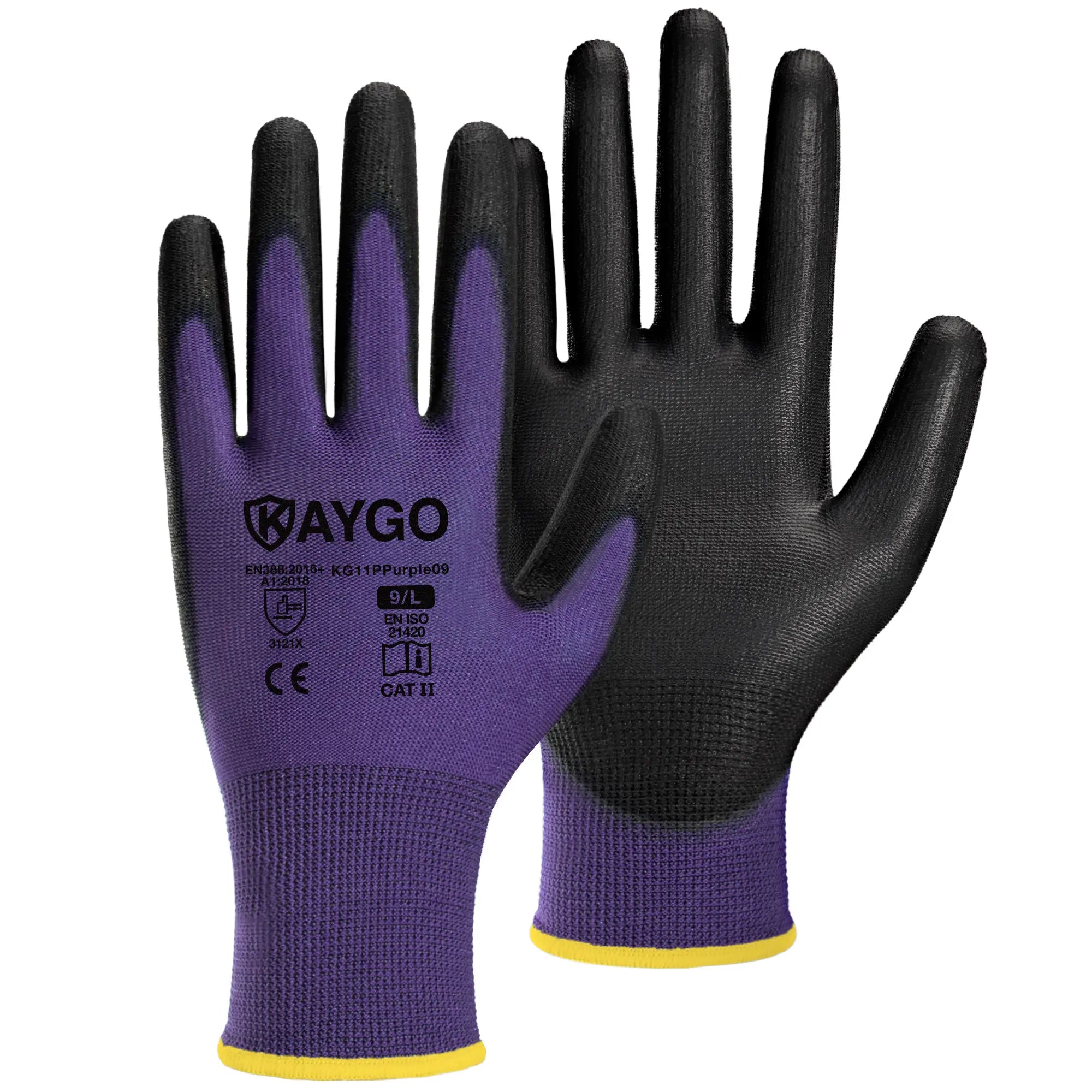 KAYGO KG11P Work Gloves for Precision Assembly, Parcel Sorting & Home Gardening — PU Coated Palm & Fingers (Touchscreen Option)
