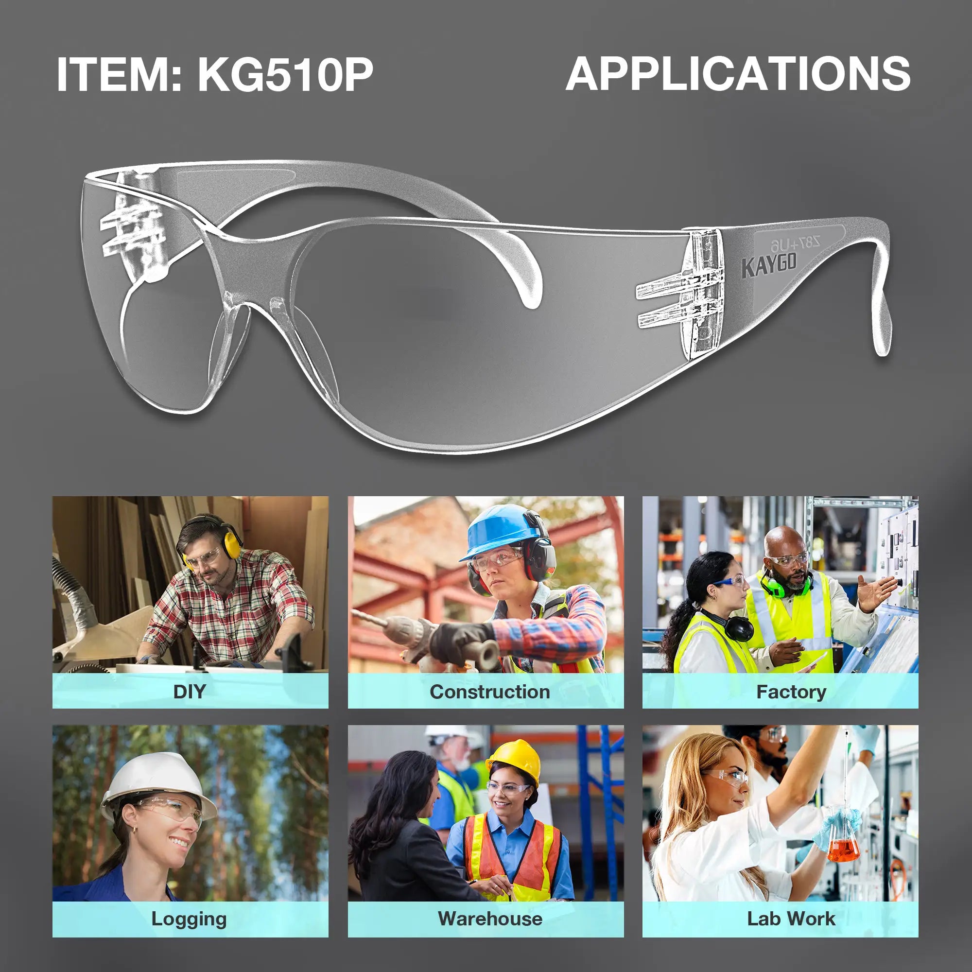 KAYGO KG510P Safety Glasses with Clear Polycarbonate Lens, Anti-Scratch Coating, and Lightweight Wraparound Frame