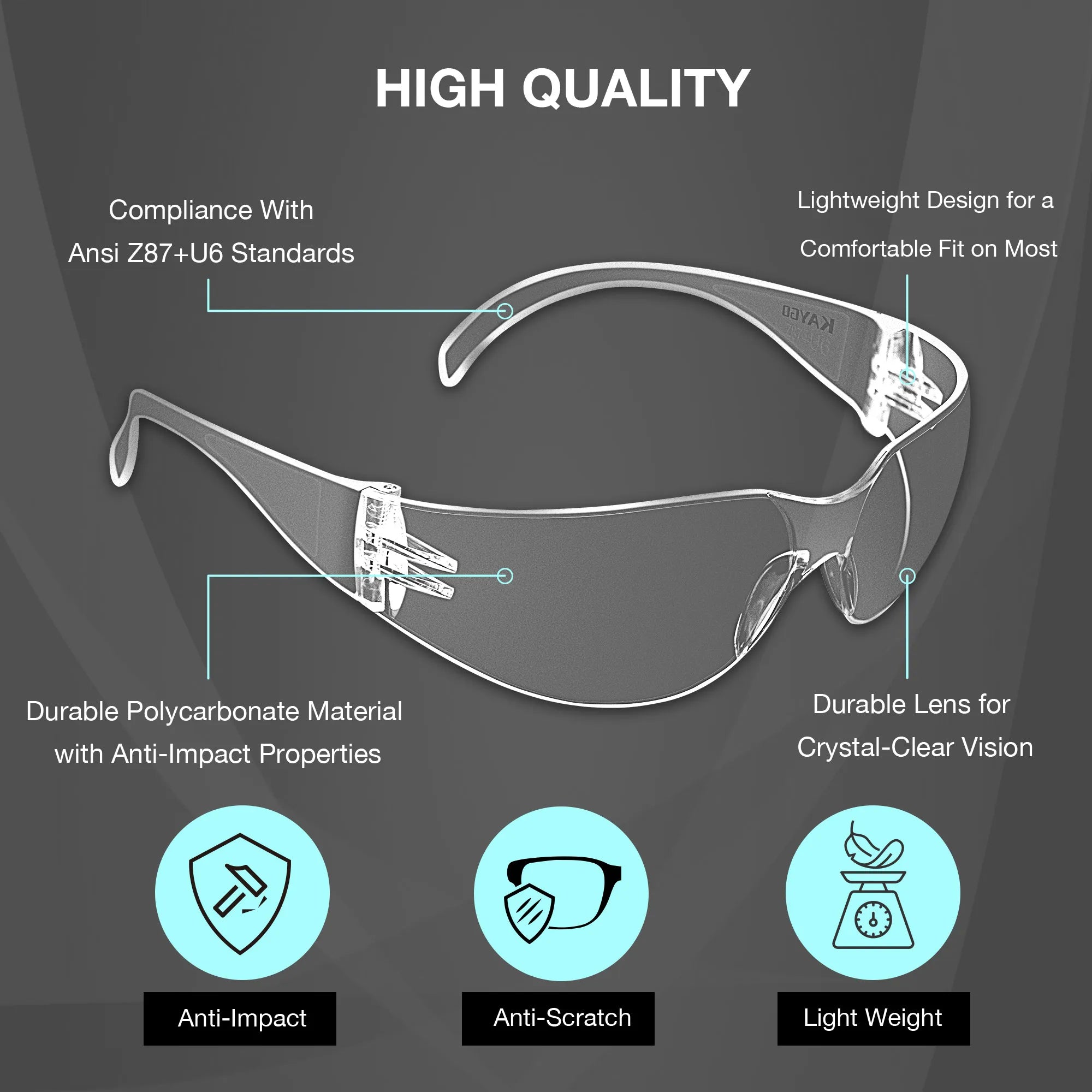 KAYGO KG510P Safety Glasses with Clear Polycarbonate Lens, Anti-Scratch Coating, and Lightweight Wraparound Frame