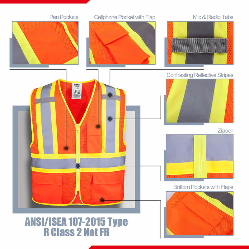 KG0100 High Visibility Vest ANSI Type R Class 2 Reflective Vest with Pockets and Zipper