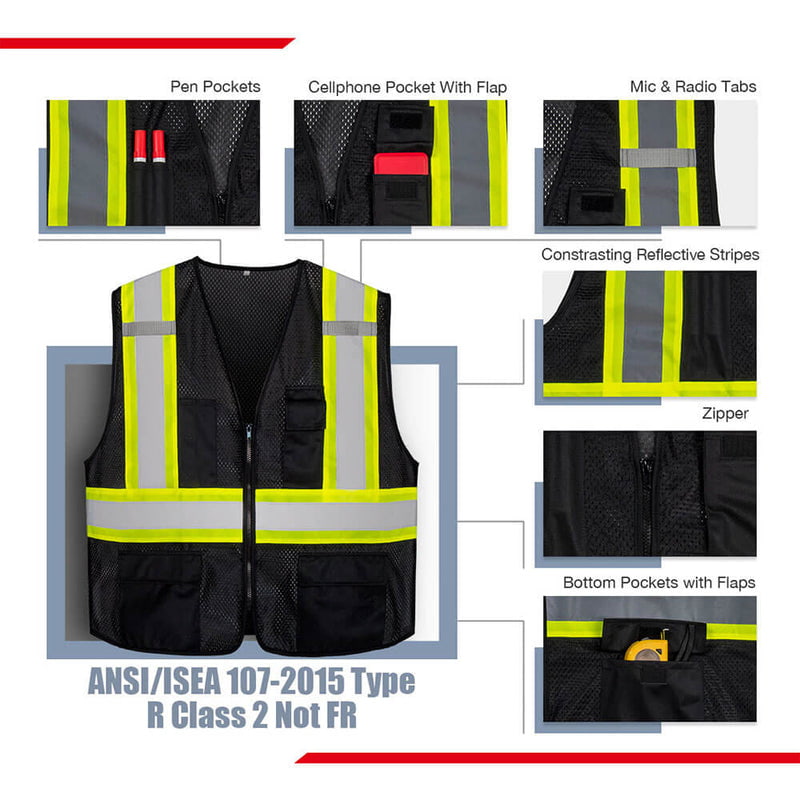 KG0100 High Visibility Vest ANSI Type R Class 2 Reflective Vest with Pockets and Zipper