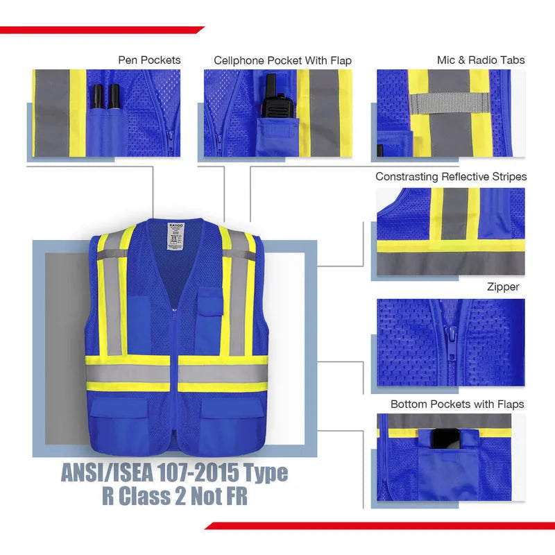 KG0100 High Visibility Vest ANSI Type R Class 2 Reflective Vest with Pockets and Zipper