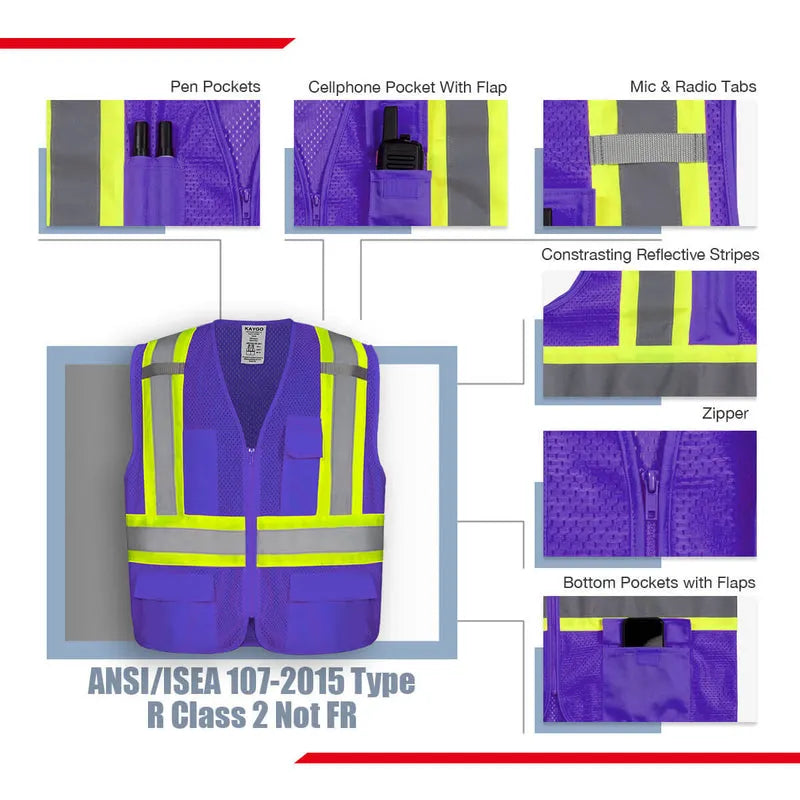 KG0100 High Visibility Vest ANSI Type R Class 2 Reflective Vest with Pockets and Zipper
