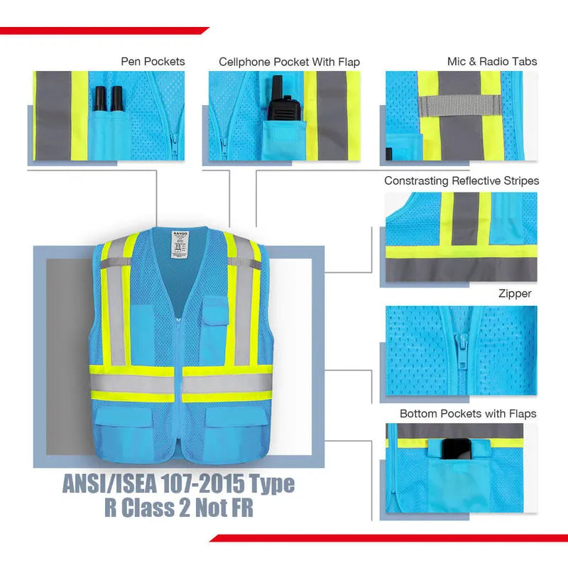 KG0100 High Visibility Vest ANSI Type R Class 2 Reflective Vest with Pockets and Zipper