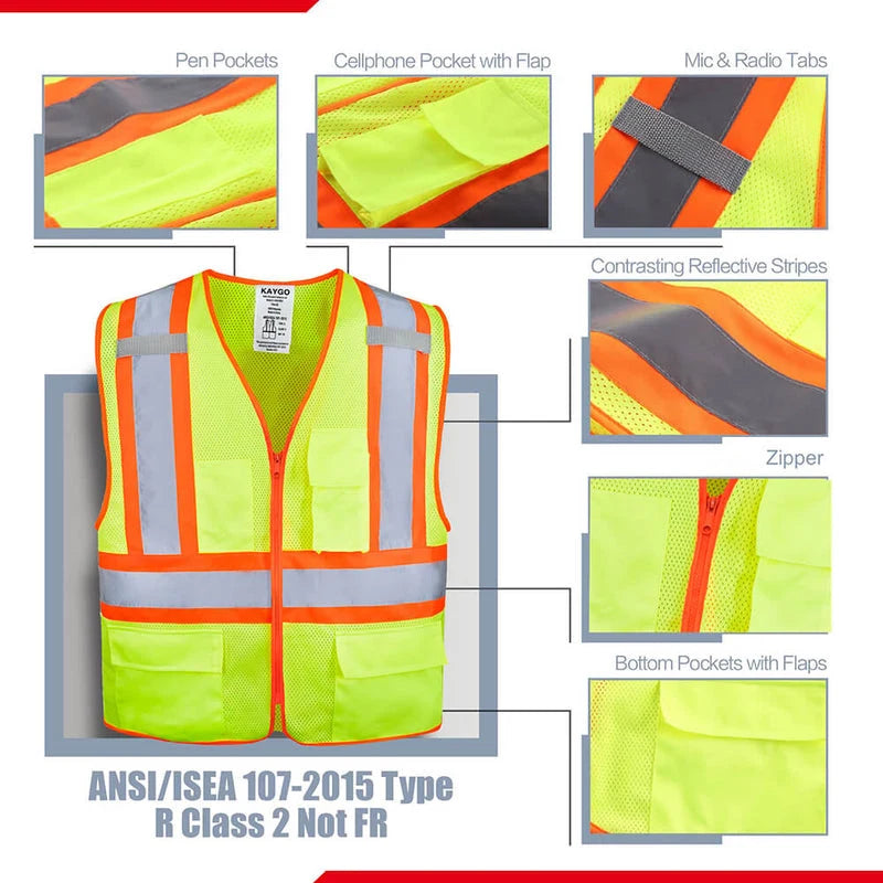 KG0100 High Visibility Vest ANSI Type R Class 2 Reflective Vest with Pockets and Zipper