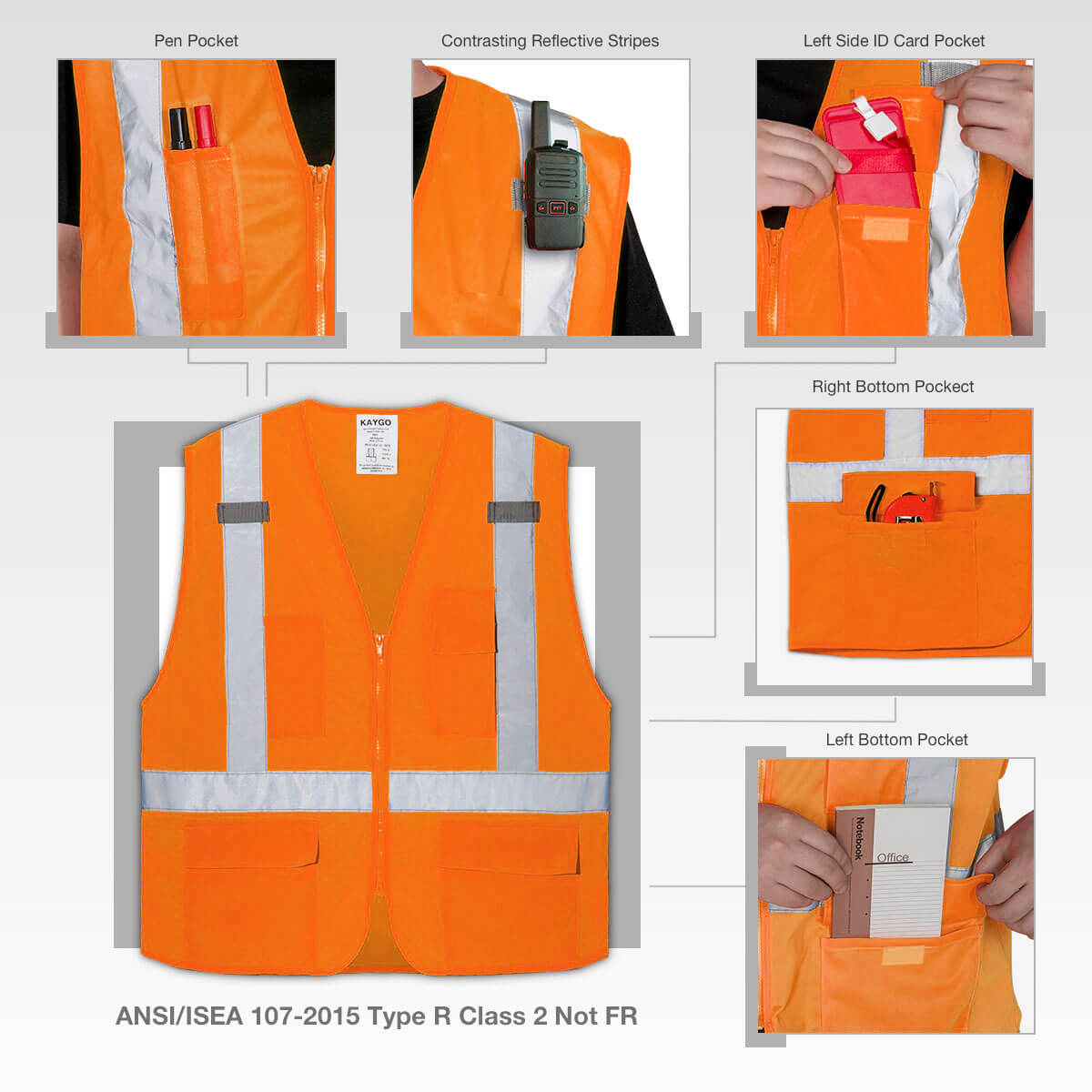 ANSI Class 2 Hi Vis Reflective Vest with Pockets and Zipper