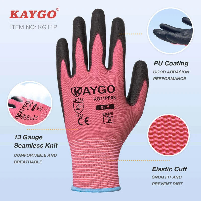 KG11 Seamless Knit Polyester Work Gloves with Polyurethane Coated on Palm and Fingers