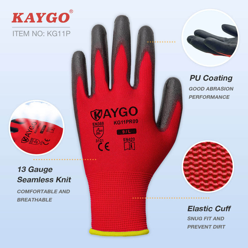 KAYGO KG11P Work Gloves for Precision Assembly, Parcel Sorting & Home Gardening — PU Coated Palm & Fingers (Touchscreen Option)