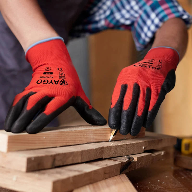 KAYGO KG11P Work Gloves for Precision Assembly, Parcel Sorting & Home Gardening — PU Coated Palm & Fingers (Touchscreen Option)