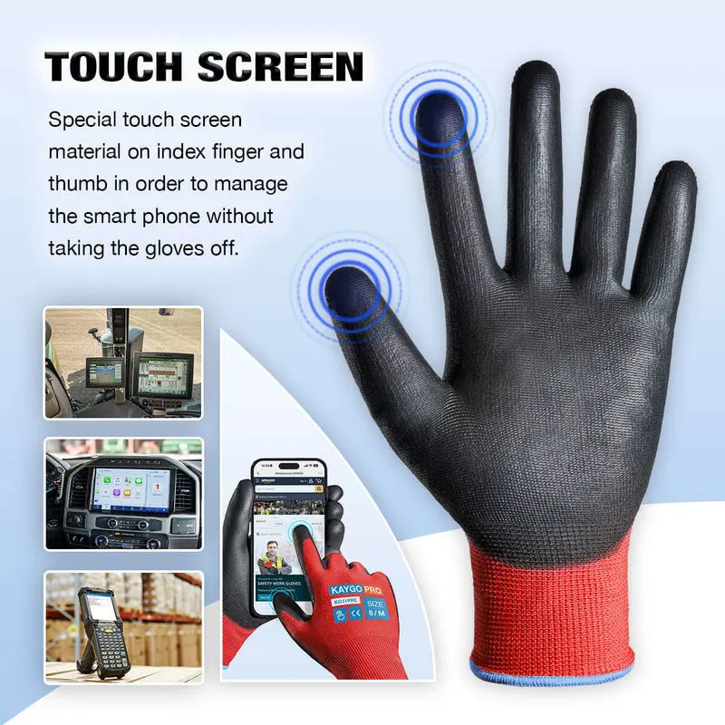 KAYGO KG11P Work Gloves for Precision Assembly, Parcel Sorting & Home Gardening — PU Coated Palm & Fingers (Touchscreen Option)