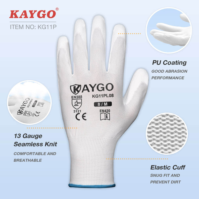 KAYGO KG11P Work Gloves for Precision Assembly, Parcel Sorting & Home Gardening — PU Coated Palm & Fingers (Touchscreen Option)