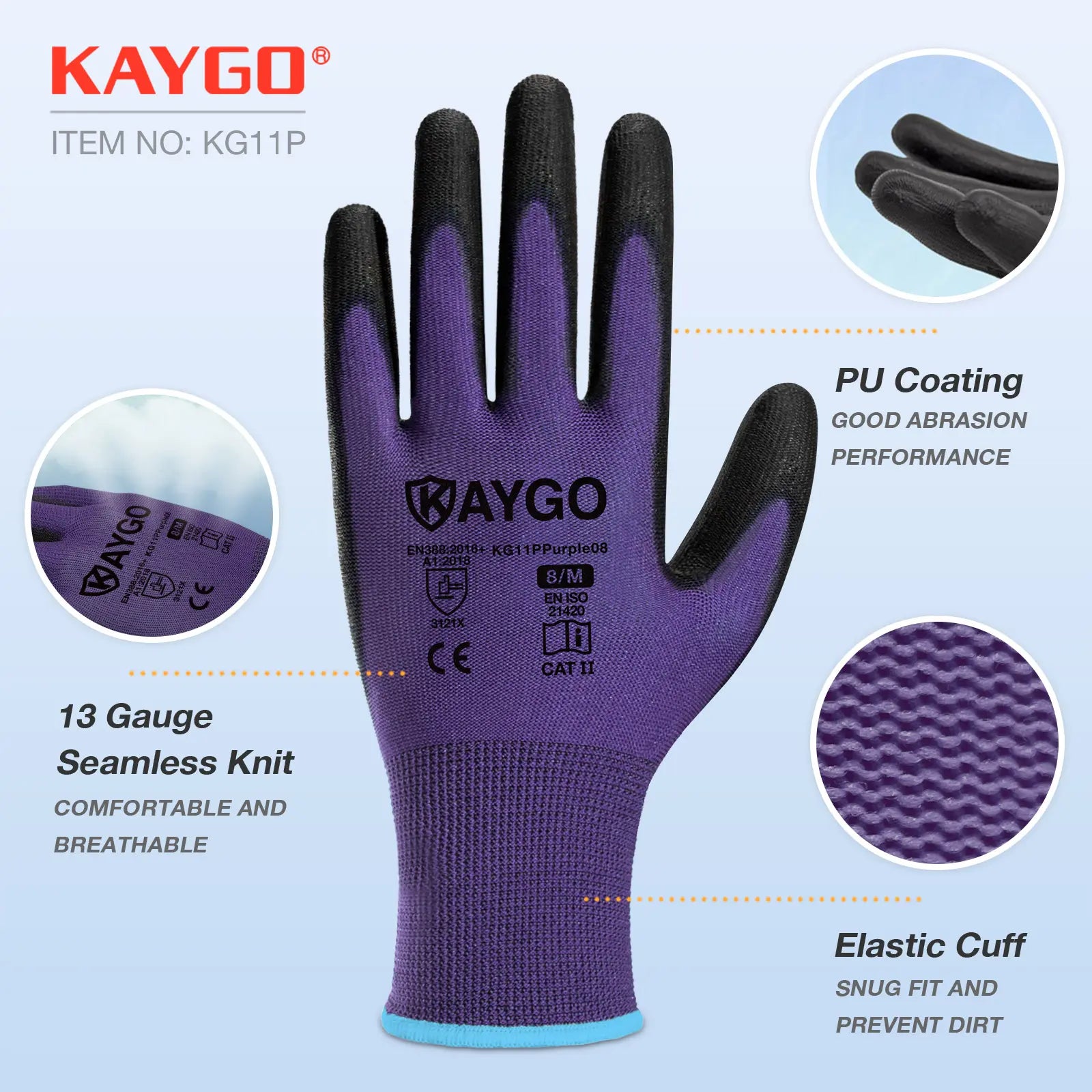 KAYGO KG11P Work Gloves for Precision Assembly, Parcel Sorting & Home Gardening — PU Coated Palm & Fingers (Touchscreen Option)