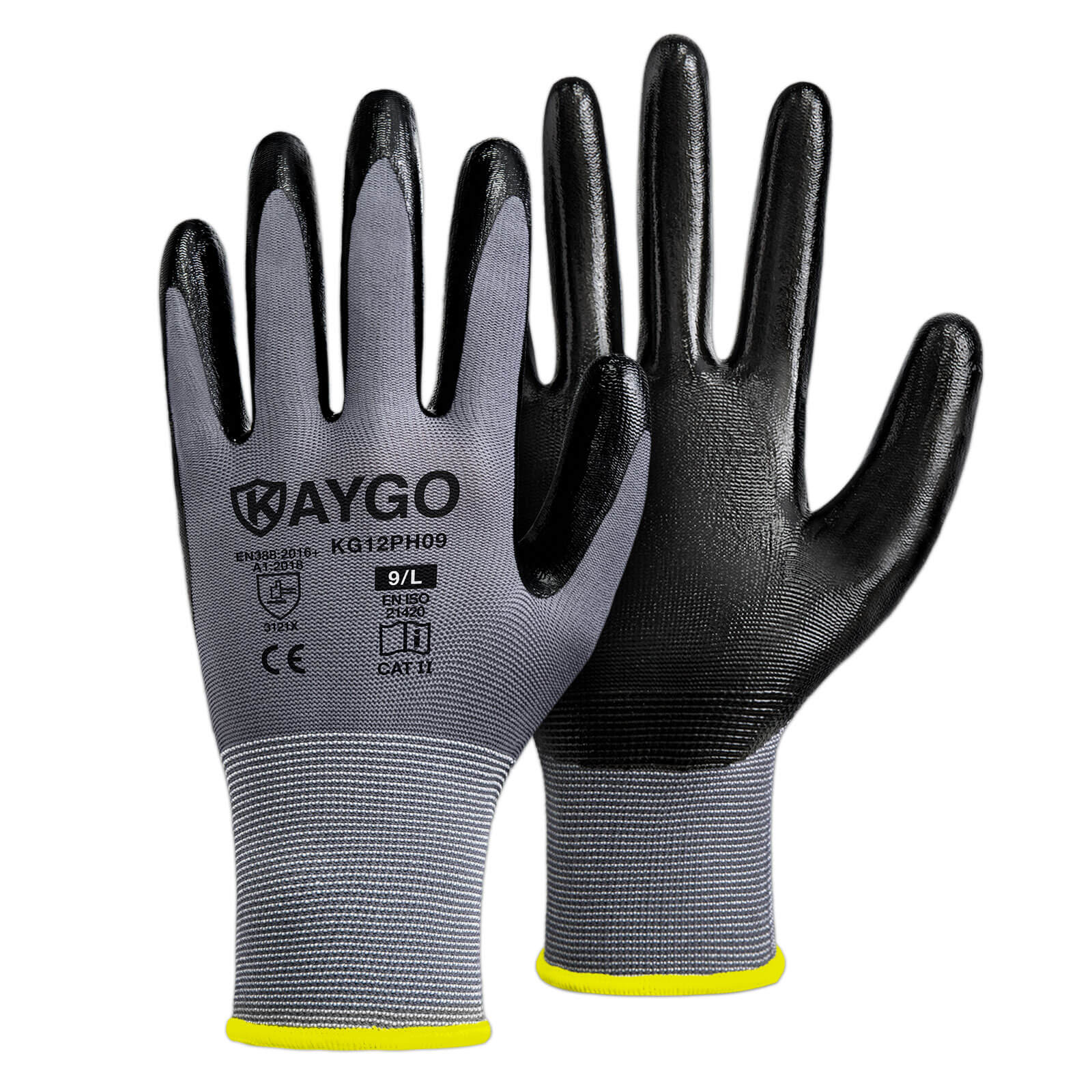 36 Pairs Polyester Work Gloves - Black Latex Coated, Sizes S,M,L,XL, Industrial & Warehouse Use