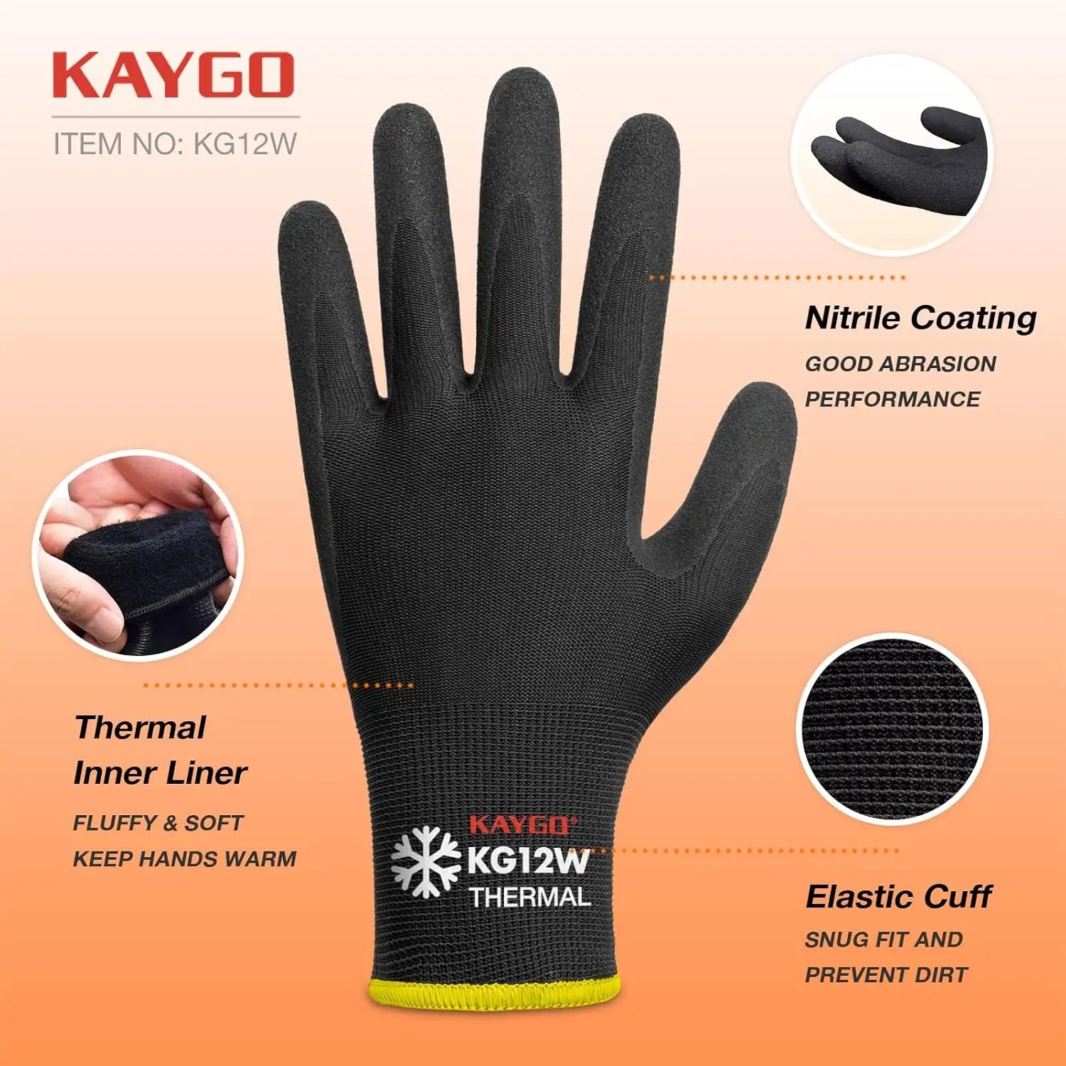 KAYGO KG12W Thermal Work Gloves for Winter – Nitrile Coated Safety Grip Gloves