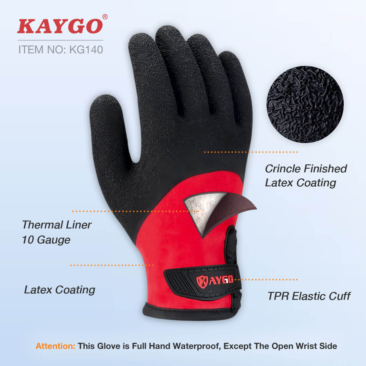 KG140 Waterproof Thermal Work Gloves with Double Dipped Latex Coated on Full Hand
