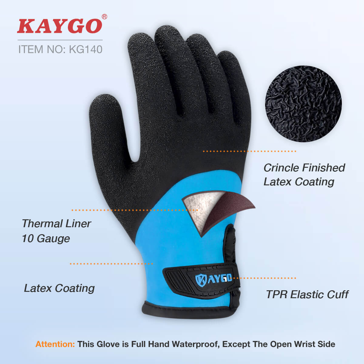 KG140 Waterproof Thermal Work Gloves with Double Dipped Latex Coated on Full Hand