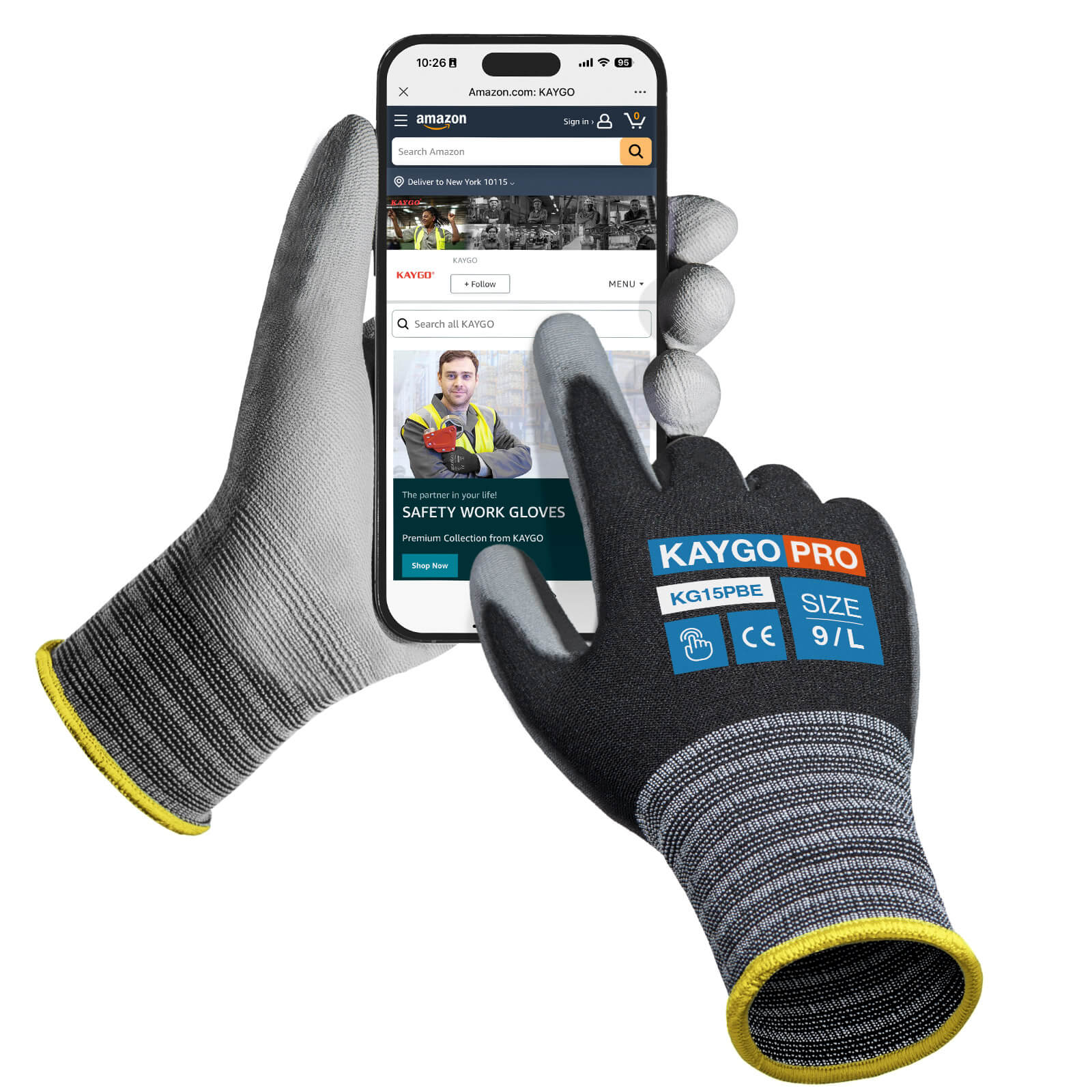 Safety Work Gloves PU Coated-12 Pairs KAYGO KG11PB Seamless Knit Glove with Polyurethane Coated Smooth Grip on Palm & Fingers for Men and Women