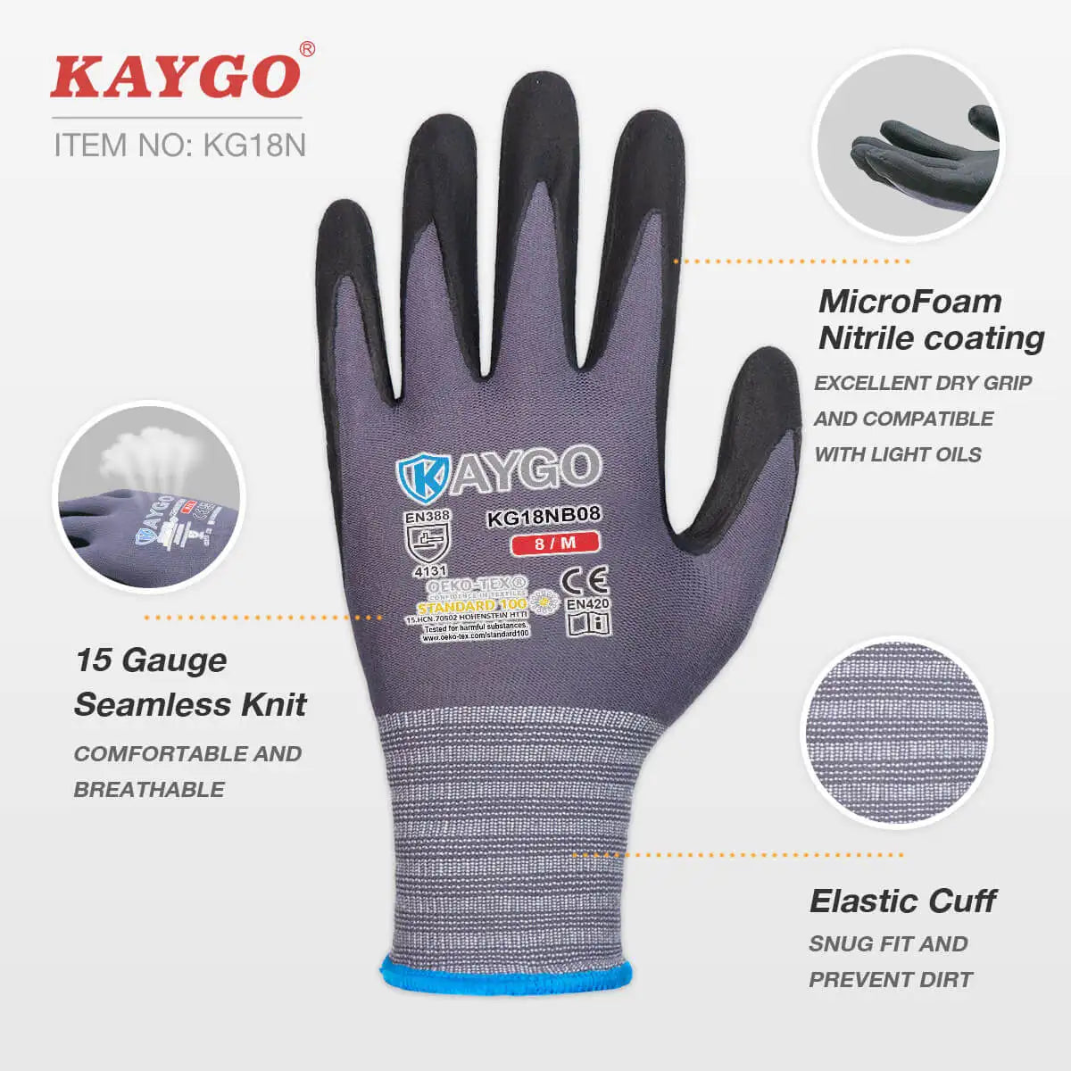 KG18N Seamless Knit Nylon Work Gloves with Microfoam Nitrile Coated on Palm and Fingers