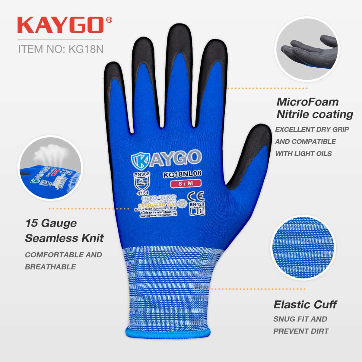 KG18N Seamless Knit Nylon Work Gloves with Microfoam Nitrile Coated on Palm and Fingers