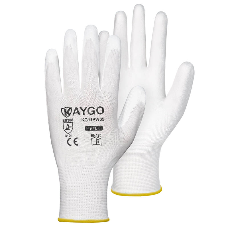 KAYGO KG11P Work Gloves for Precision Assembly, Parcel Sorting & Home Gardening — PU Coated Palm & Fingers (Touchscreen Option)