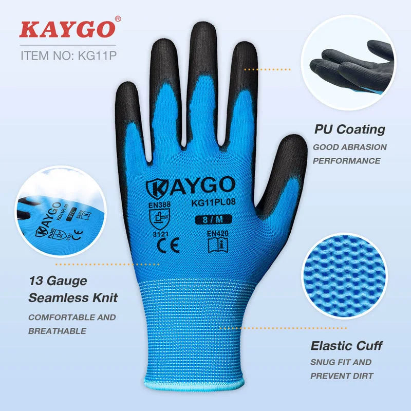 KG11 Seamless Knit Polyester Work Gloves with Polyurethane Coated on Palm and Fingers
