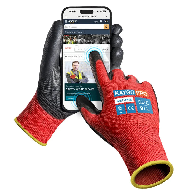 KAYGO KG11P Work Gloves for Precision Assembly, Parcel Sorting & Home Gardening — PU Coated Palm & Fingers (Touchscreen Option)