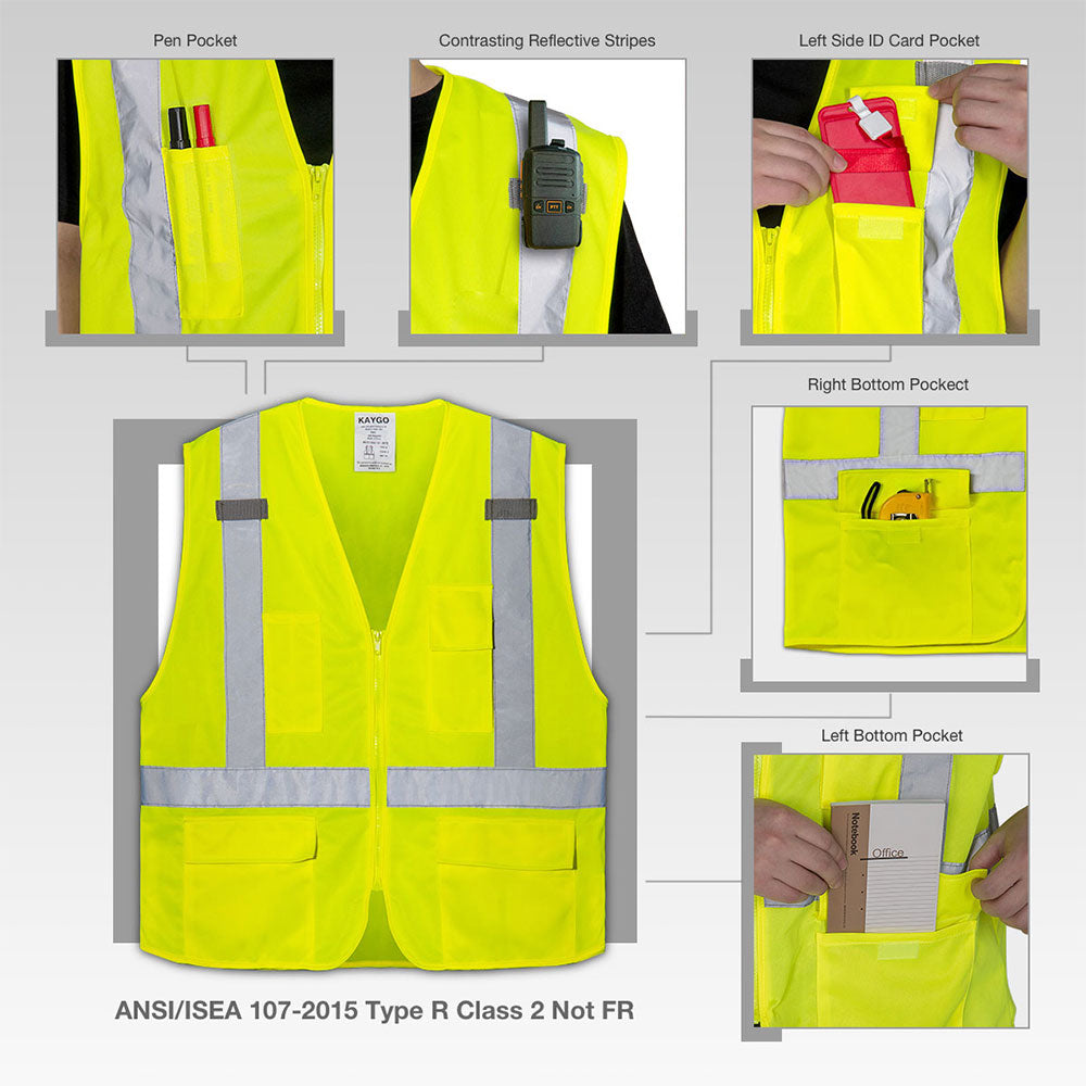 ANSI Class 2 Hi Vis Reflective Vest with Pockets and Zipper