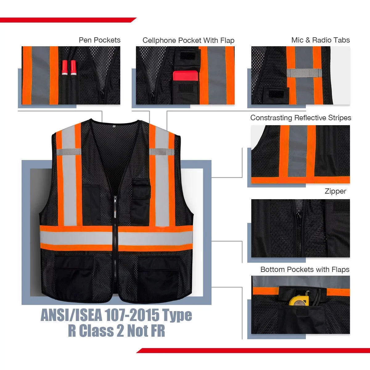 KG0100 High Visibility Vest  ANSI Type R Class 2 Reflective Vest with Pockets and Zipper