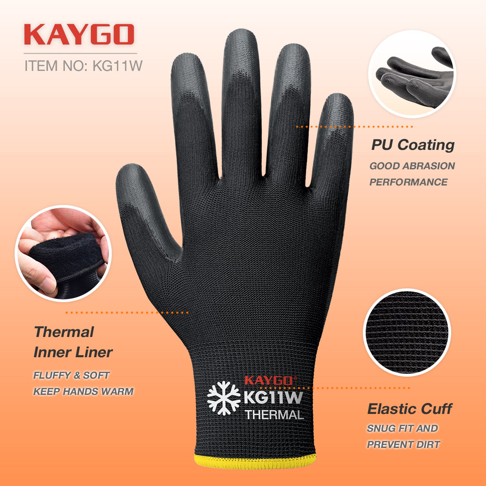 Cold Protection Work Gloves Thermal Insulated with PU Coated Smooth Grip on Palm & Fingers KG11W