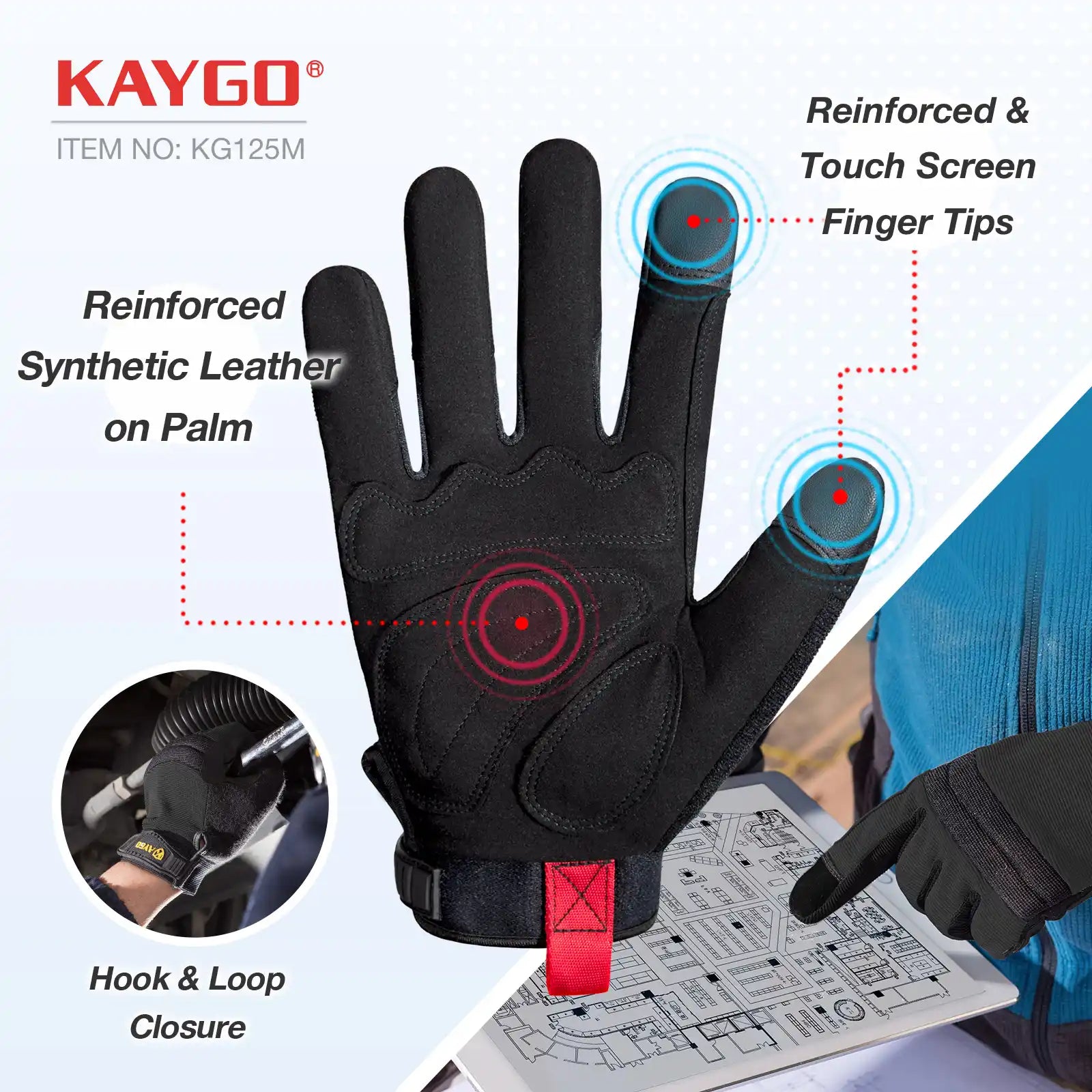 KG125 Mechanic Gloves with Reinforced Synthetic Leather on Palm TouchScreen