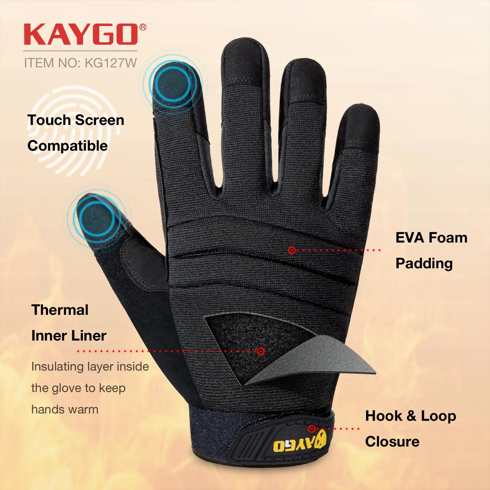KAYGO KG127W Winter Mechanic Work Gloves – Thermal Insulated with Latex Grip and Touchscreen Compatibility, Double Lining for Cold Weather Protection