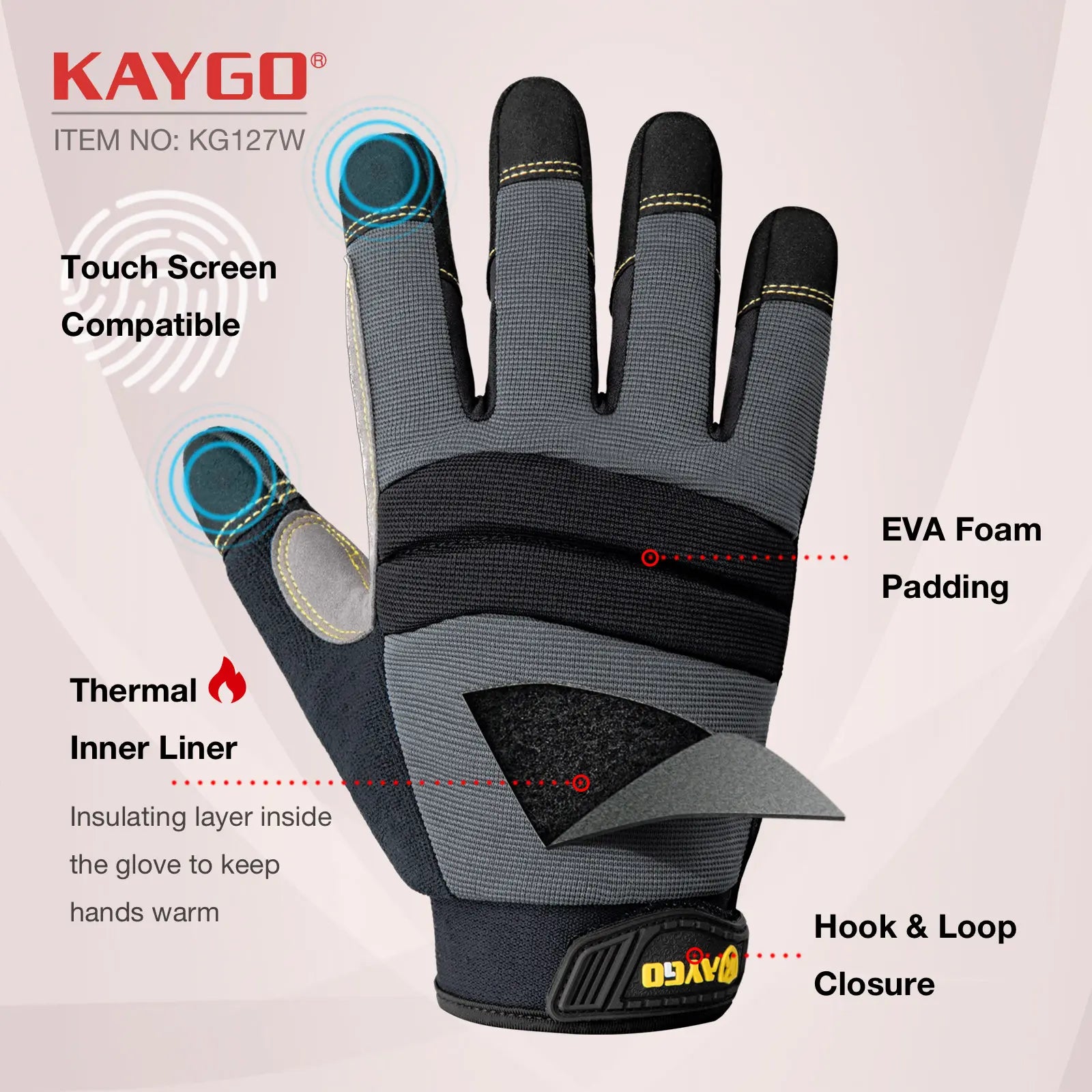 KAYGO KG127W Winter Mechanic Work Gloves – Thermal Insulated with Latex Grip and Touchscreen Compatibility, Double Lining for Cold Weather Protection