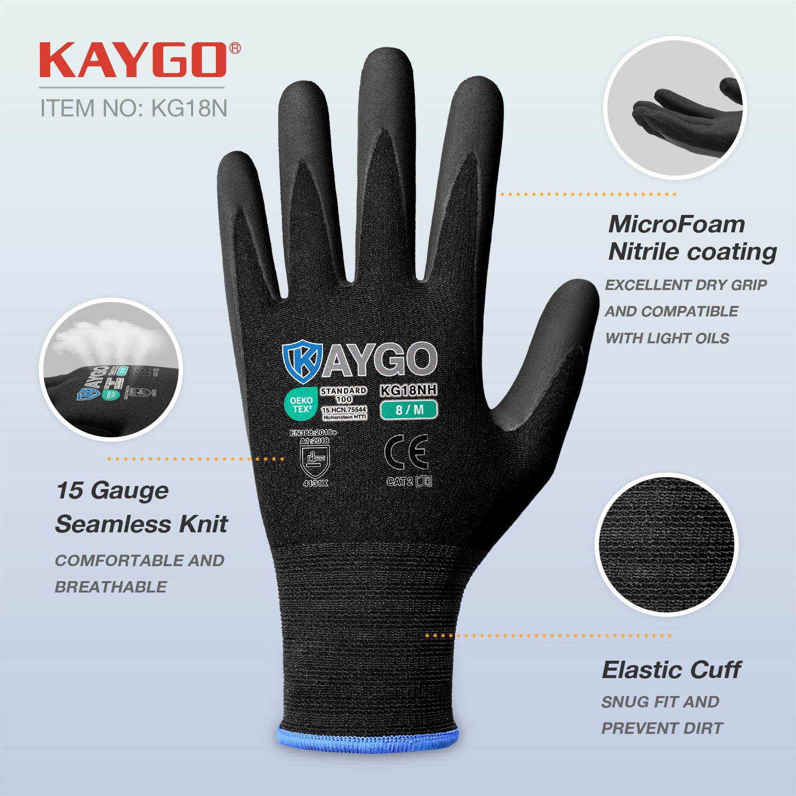 KG18N Seamless Knit Nylon Work Gloves with Microfoam Nitrile Coated on Palm and Fingers 6Pairs/12Pairs Pack