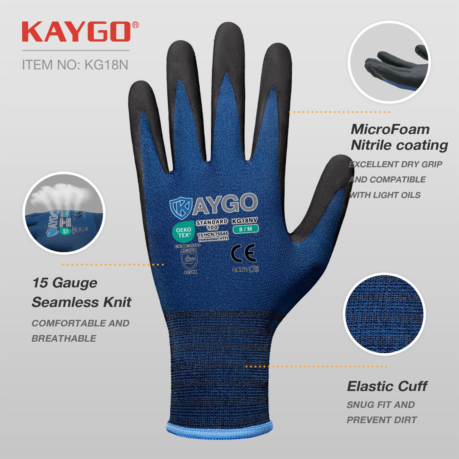 KG18N Seamless Knit Nylon Work Gloves with Microfoam Nitrile Coated on Palm and Fingers 6Pairs/12Pairs Pack