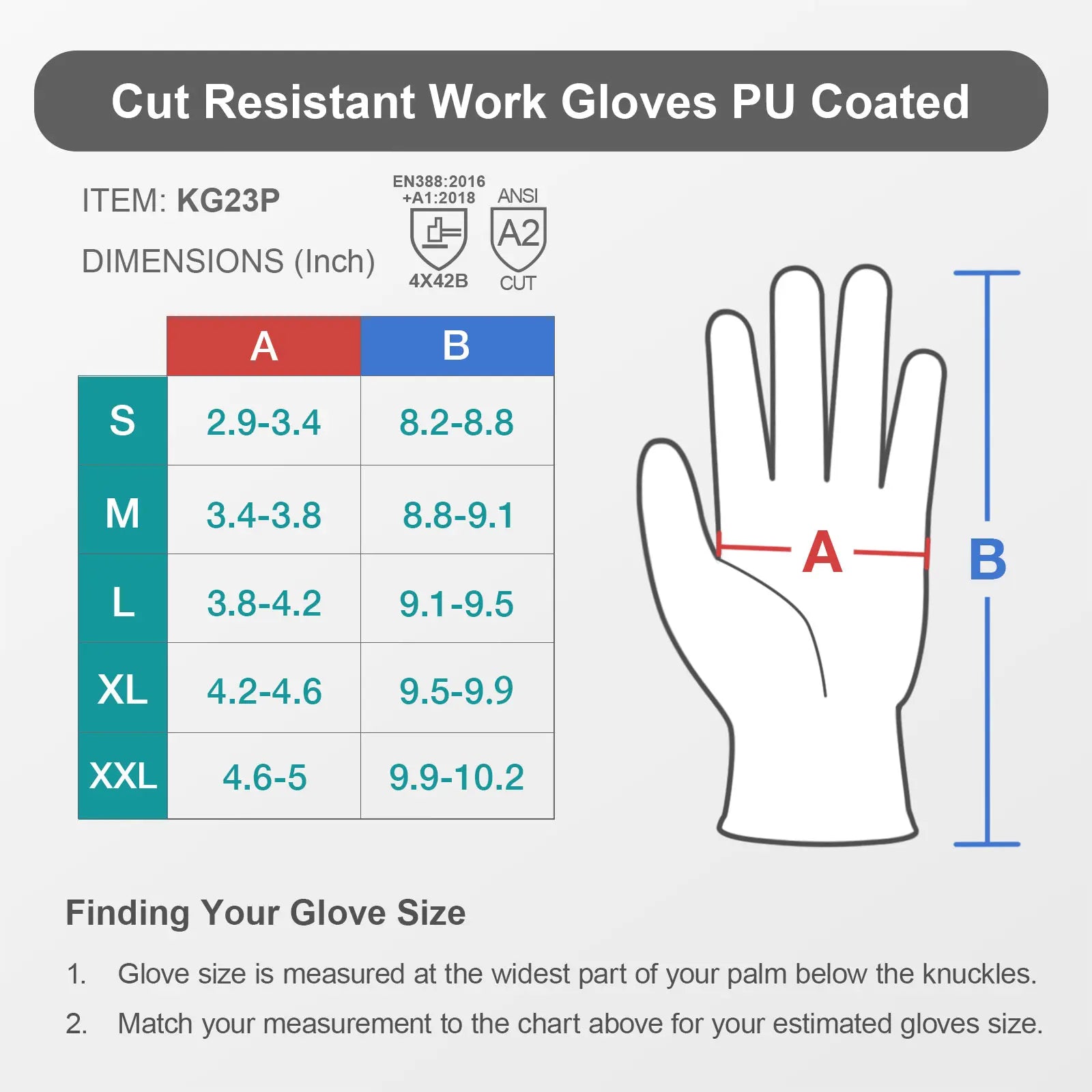 A2 Cut Resistant Gloves with PU Coated Smooth Grip on Palm & Fingers