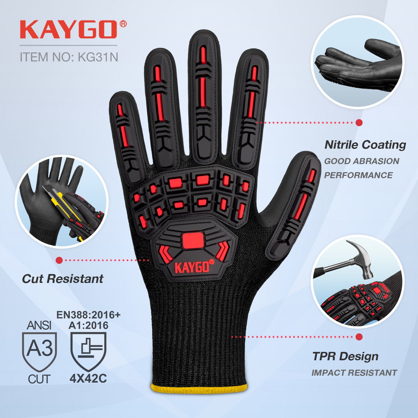 A3 Cut Resistant with TPR Impact Reducing Work Gloves