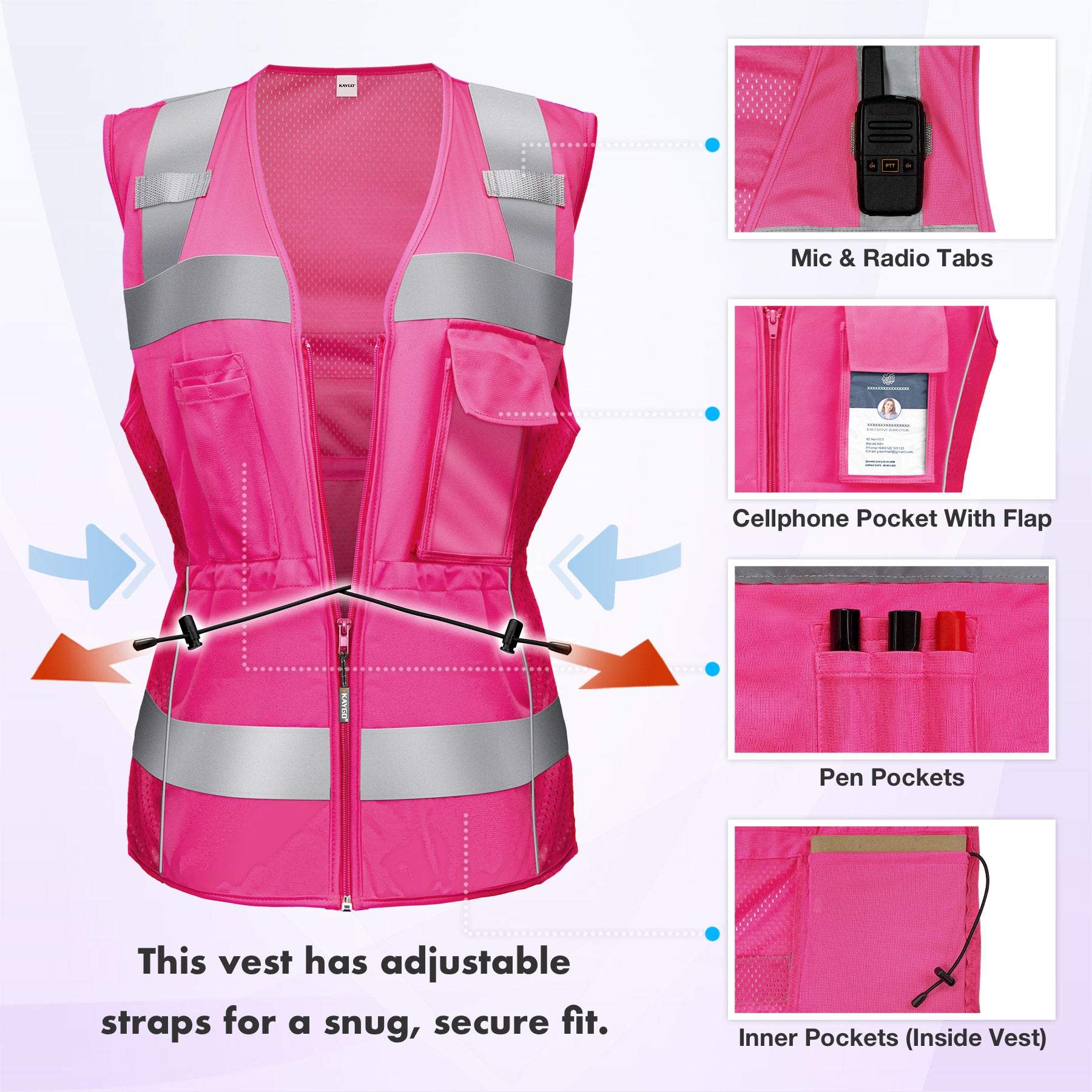 High Visibility Women Safety Vest, 8 Pockets Reflective vest with adjustable waist line,Slim Fit