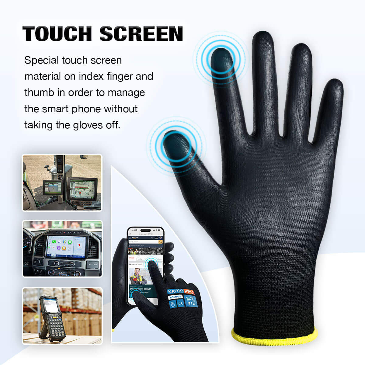 KAYGO KG11PE Touchscreen Work Gloves with Polyurethane Coated On Palm and Fingers 12 Pairs / White / Small
