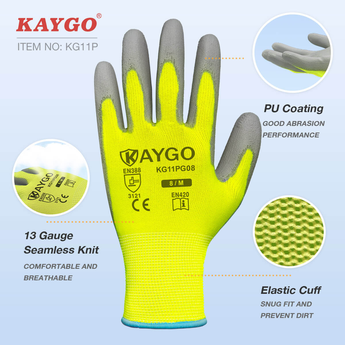 KAYGO Safety Work Gloves PU Coated-12 Pairs, KG11PB, Seamless Knit Glove  with Polyurethane Coated Smooth Grip on Palm