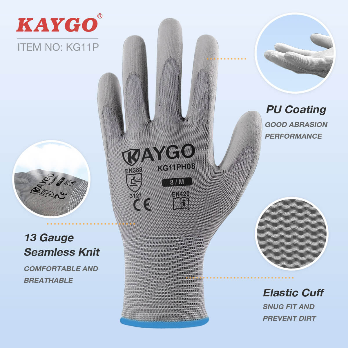 KAYGO Safety Work Gloves PU Coated-6 Pairs, KG18NB MicroFoam Nitrile Coated  Gloves & KGE19L Eco Friendly Gloves with Breathable Rubber Coated