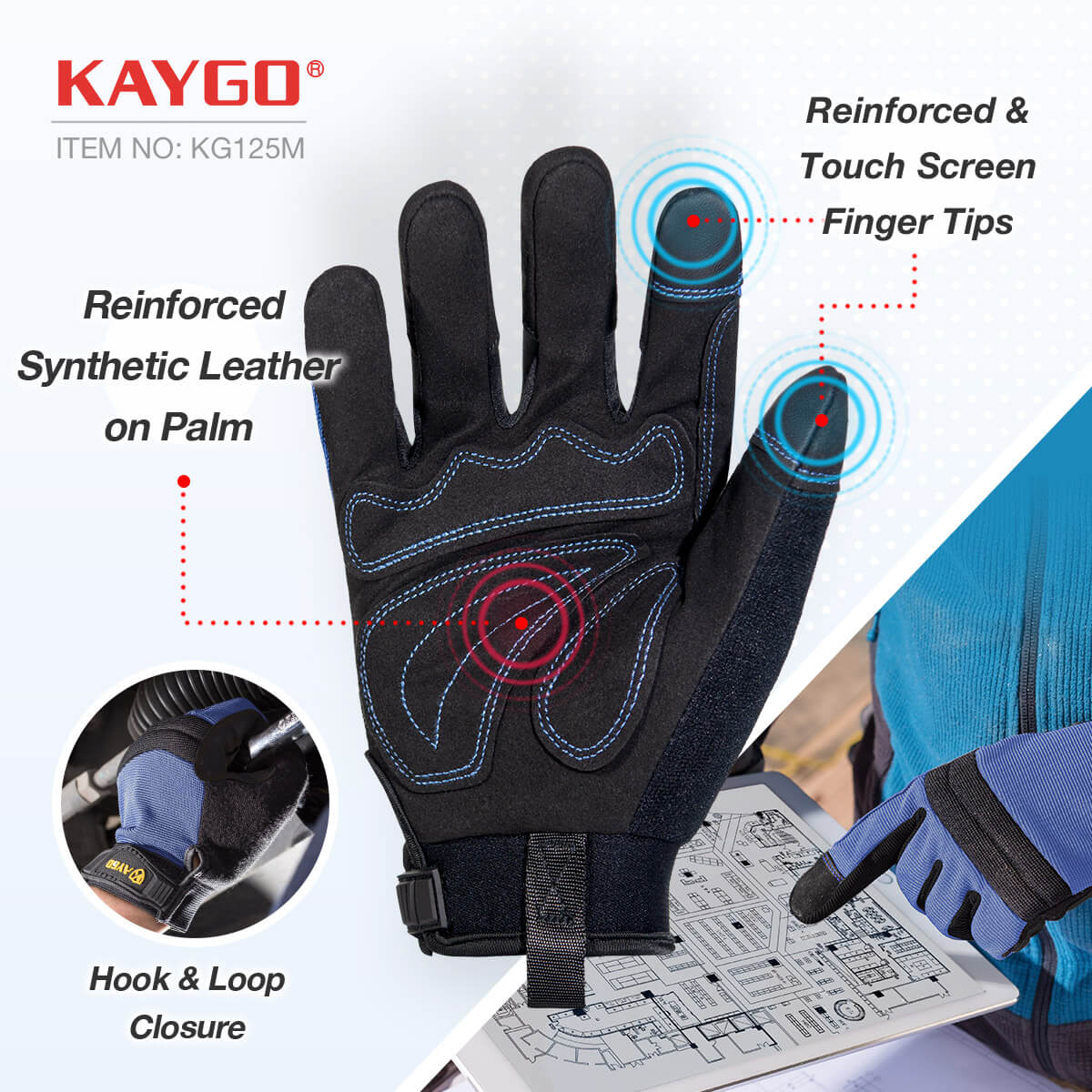 Touchscreen Mechanic Gloves with Reinforced Synthetic Leather on Palm