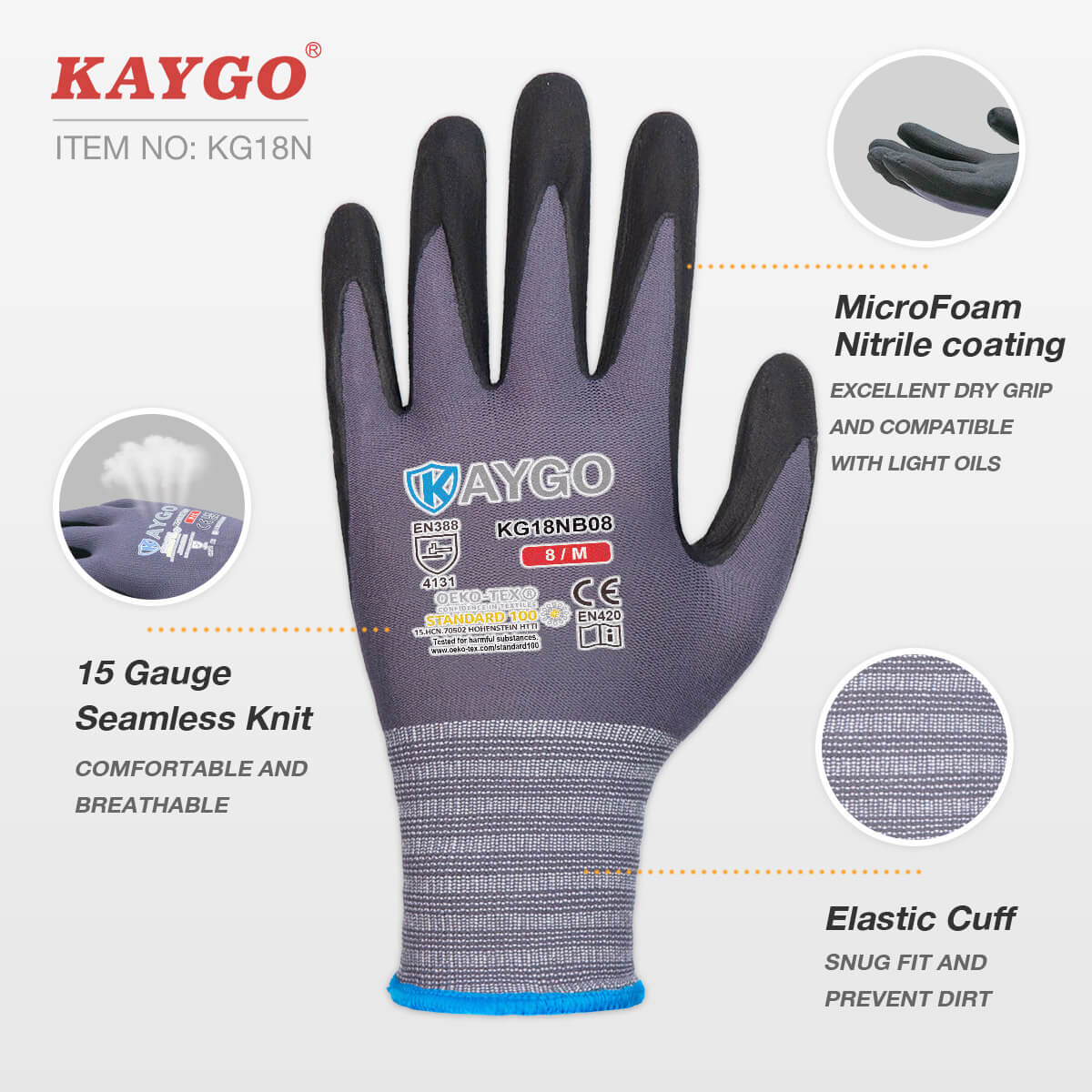 KAYGO Safety Work Gloves Microfoam Nitrile Coated-3 Pairs, KG18NB,Seamless Knit Nylon Glove with Black Micro-Foam Nitrile Grip,Ideal for General