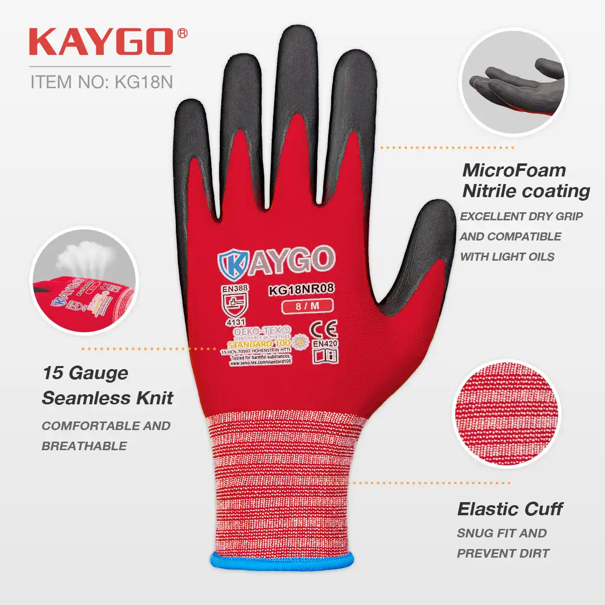 KG18N Seamless Knit Nylon Work Gloves with Microfoam Nitrile Coated on Palm and Fingers 6Pairs/12Pairs Pack